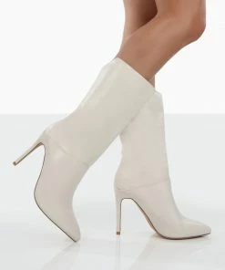 Public Desire UK Lisel Ecru PU Pointed Toe Heeled Ankle Boots