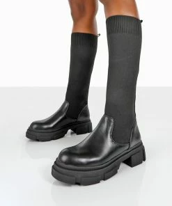 Public Desire UK Carm Black Knit Knee High Chunky Sole Boots Long Boots