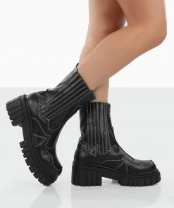 Public Desire UK NEW IN Consequence Black Drench Stitched Detail Chunky Sole Ankle Boots