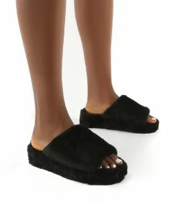 Public Desire UK Snoozie Black Faux Fur Chunky Platform Sole Sliders