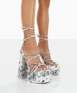 Public Desire UK Clermonte White Paisley Print Chunky Platform Lace Up Heels