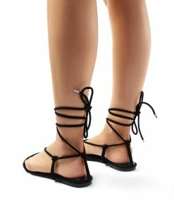 Public Desire UK Miley Black Lace Up Flat Sandals