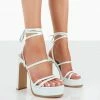 Public Desire UK Gimme Gimme Baby Blue Iridescent PU Strappy Lace Up Block Heels NEW IN
