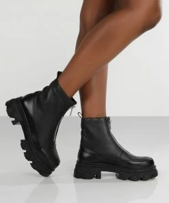 Public Desire UK Direction Black Pu Zip Front Chunky Sole Ankle Boot Ankle Boots