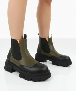 Public Desire UK Flat Boots Kenza X Public Desire Trance Khaki Chunky Sole Chelsea Boots