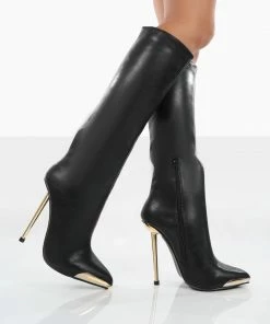 Public Desire UK Tala Black PU Pointed Toe Stiletto Heel Knee High Boots NEW IN