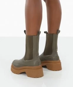 Public Desire UK NEW IN Rise Khaki Chunky Rubber Sole Chelsea Boots