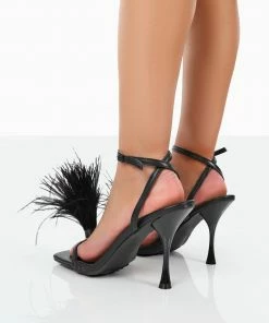Public Desire UK NEW IN Prancy Black Faux Feather Square Toe Heels