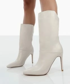 Public Desire UK Lisel Ecru PU Pointed Toe Heeled Ankle Boots