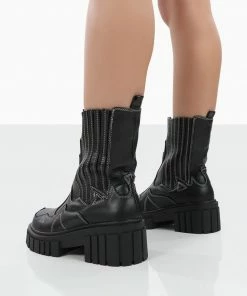 Public Desire UK NEW IN Consequence Black Drench Stitched Detail Chunky Sole Ankle Boots