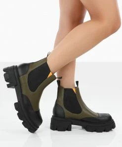 Public Desire UK Flat Boots Kenza X Public Desire Trance Khaki Chunky Sole Chelsea Boots