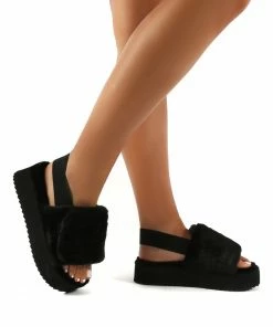 Public Desire UK FLATS Funky Black Platform Chunky Sole Velcro Strap Slippers