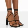 Public Desire UK Chloe Black Pu Strappy Square Toe Lace Up Heels NEW IN