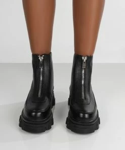 Public Desire UK Direction Black Pu Zip Front Chunky Sole Ankle Boot Ankle Boots