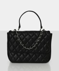 Public Desire UK The Vienna Black Quilted Silver Detailing Crossbody Shoulder Handbag Bags