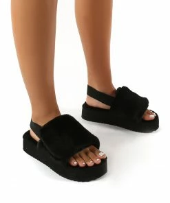 Public Desire UK FLATS Funky Black Platform Chunky Sole Velcro Strap Slippers