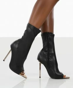 Public Desire UK Independent Black Pu Open Toe Zip Up Stiletto Ankle Boots NEW IN