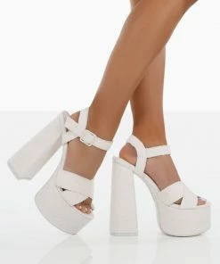 Public Desire UK NEW IN Content Ecru Towelling Chunky Platform Sandal High Heels