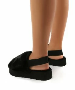 Public Desire UK FLATS Funky Black Platform Chunky Sole Velcro Strap Slippers