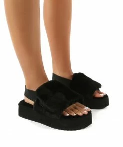 Public Desire UK FLATS Funky Black Platform Chunky Sole Velcro Strap Slippers