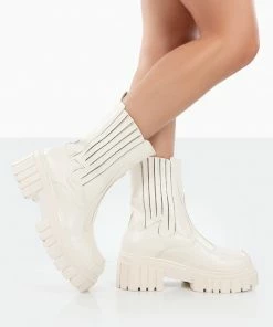 Public Desire UK NEW IN Consequence Ecru Drench Stitched Detail Chunky Sole Ankle Boots