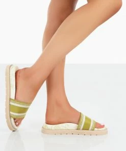 Public Desire UK Toile Sage Green Embroidered Print Slide Sandals FLATS