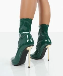 Public Desire UK Player Green Patent Stiletto Heel Ankle Boots
