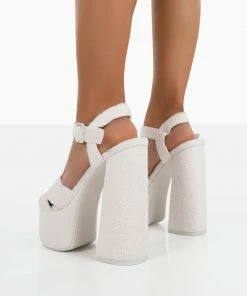 Public Desire UK NEW IN Content Ecru Towelling Chunky Platform Sandal High Heels