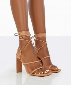 Public Desire UK NEW IN Chloe Nude Pu Strappy Square Toe Lace Up Heels