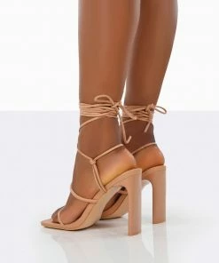 Public Desire UK NEW IN Chloe Nude Pu Strappy Square Toe Lace Up Heels