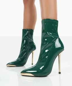 Public Desire UK Player Green Patent Stiletto Heel Ankle Boots