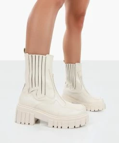 Public Desire UK NEW IN Consequence Ecru Drench Stitched Detail Chunky Sole Ankle Boots