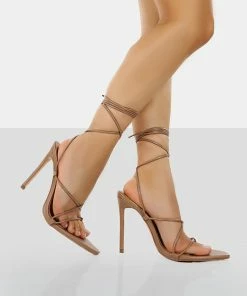 Public Desire UK Otti Toffee PU Lace Up Stiletto Heels