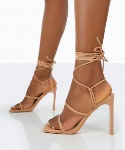 Public Desire UK NEW IN Chloe Nude Pu Strappy Square Toe Lace Up Heels