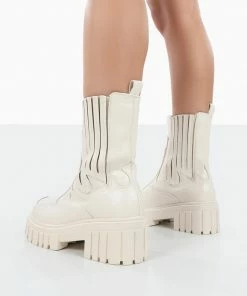 Public Desire UK NEW IN Consequence Ecru Drench Stitched Detail Chunky Sole Ankle Boots