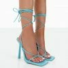 Public Desire UK Lacey Wide Fit Blue PU Square Toe Strappy Lace Up Stiletto Heels