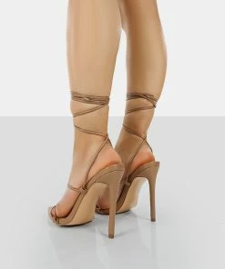 Public Desire UK Otti Toffee PU Lace Up Stiletto Heels