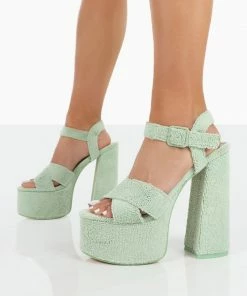 Public Desire UK Content Mint Towelling Chunky Platform Sandal High Heels 7 Public Desire UK Content Mint Towelling Chunky Platform Sandal High Heels