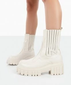 Public Desire UK NEW IN Consequence Ecru Drench Stitched Detail Chunky Sole Ankle Boots