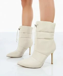 Public Desire UK Kenza X Public Desire Reset Beige Nylon Padded Heeled Ankle Boots 7 Public Desire UK Kenza X Public Desire Reset Beige Nylon Padded Heeled Ankle Boots