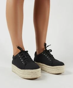 Public Desire UK FLATS Paloma Espadrille Flatform Trainers In Black Canvas