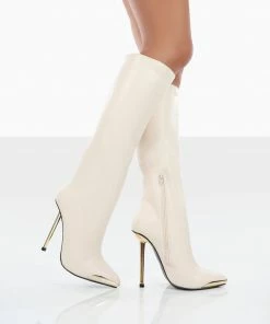 Public Desire UK NEW IN Tala Ecru PU Pointed Toe Stiletto Heel Knee High Boots
