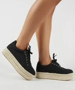 Public Desire UK FLATS Paloma Espadrille Flatform Trainers In Black Canvas