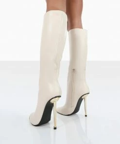 Public Desire UK NEW IN Tala Ecru PU Pointed Toe Stiletto Heel Knee High Boots