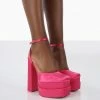 Public Desire UK PINK HEELS Moonchild Pink Satin Closed Toe Statement Platform Block Heels