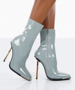 Public Desire UK Kenza X Public Desire Lou Lou Grey Patent Stiletto Heel Sock Boots Back In Stock