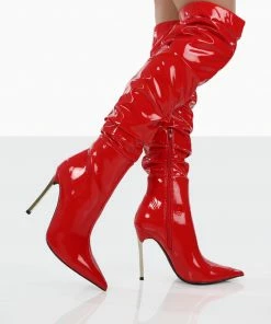 Public Desire UK Energy Red Patent Pointed Toe Over The Knee Heeled Boots