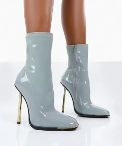 Public Desire UK Kenza X Public Desire Lou Lou Grey Patent Stiletto Heel Sock Boots Back In Stock