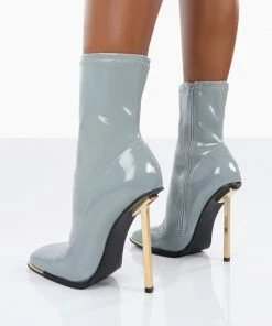 Public Desire UK Kenza X Public Desire Lou Lou Grey Patent Stiletto Heel Sock Boots Back In Stock