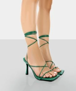 Public Desire UK NEW IN Euphoria Green Croc Square Toe Lace Up Mid Heels